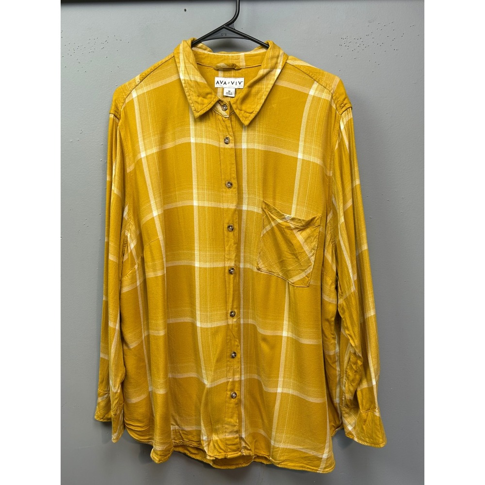 Ava & Viv Button Down Women 3X Yellow Plaid Rayon Long Sleeve Chest Pocket Shirt